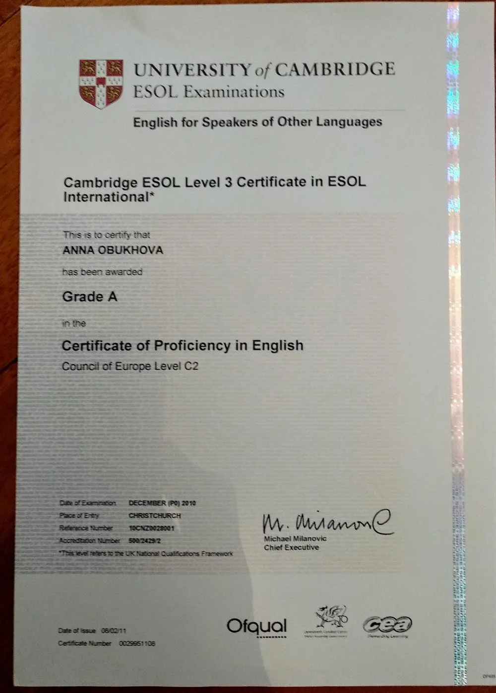 Certificate of proficiency in English
