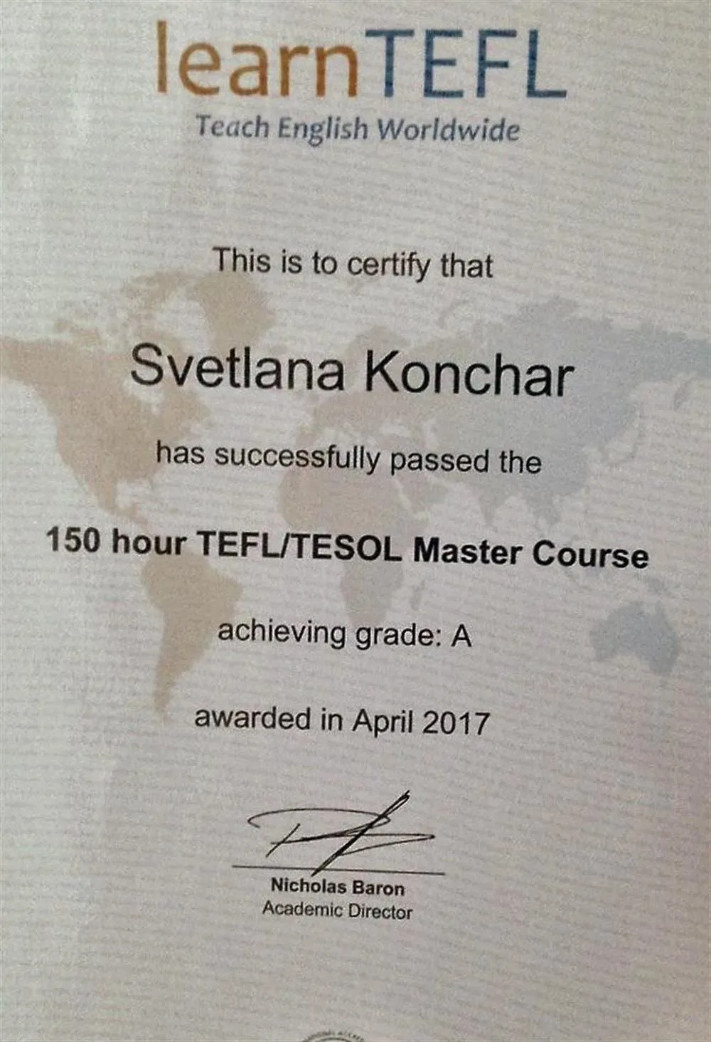 Сертификат о прохождении курса TEFL 