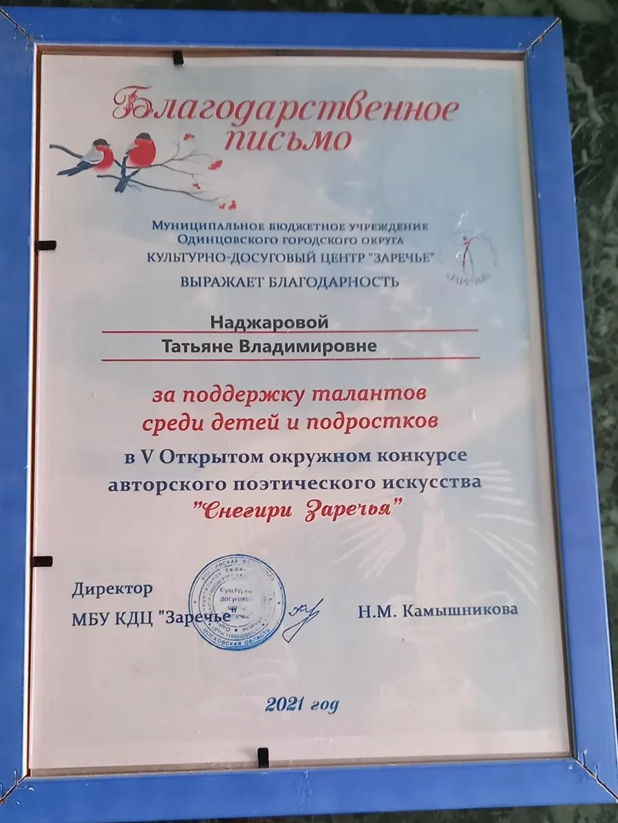 Благодарственное письмо за поддержку талантов среди детей и подростков