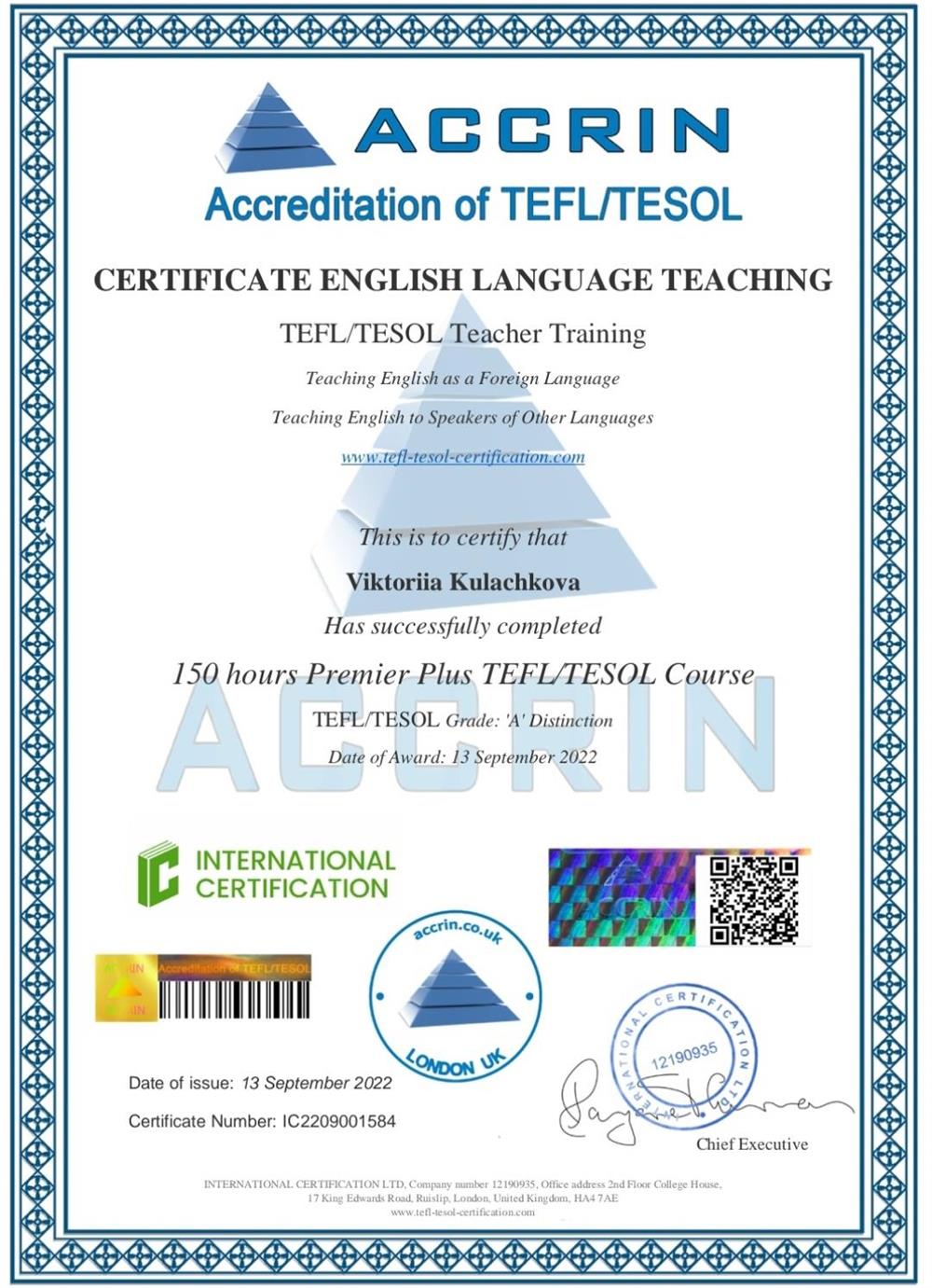 ACCRIN Accreditation of TEFL/TESOL Teaching English as a foreign language; Teaching English to speakers of other languages