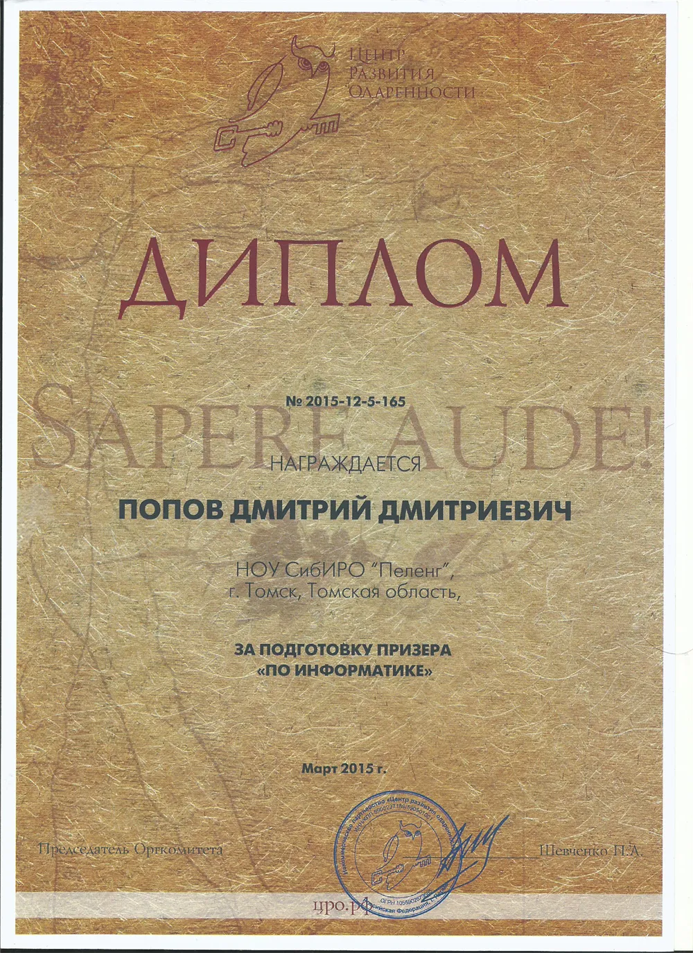 Диплом подготовки призера