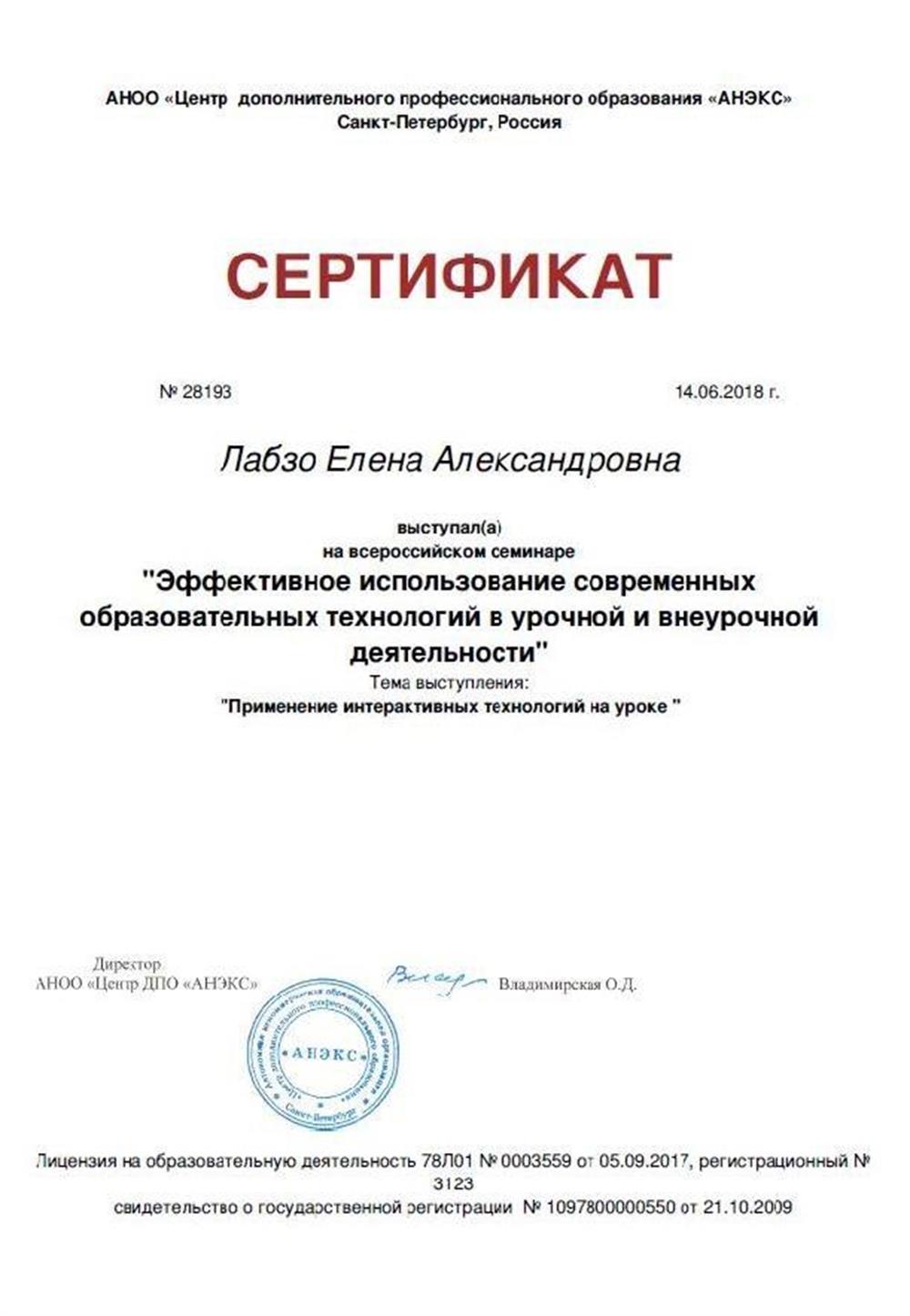 Сертификат о выступлении на всероссийском семинаре "Эффективное использование современных образовательных техналогий"