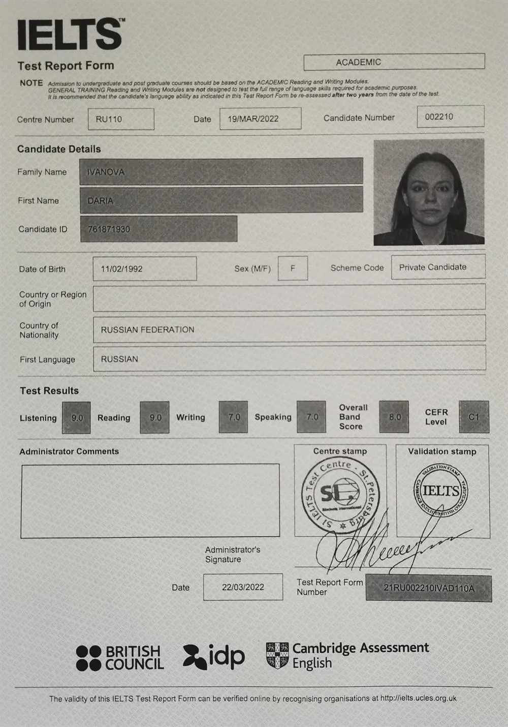 Сертификат IELTS 8.0