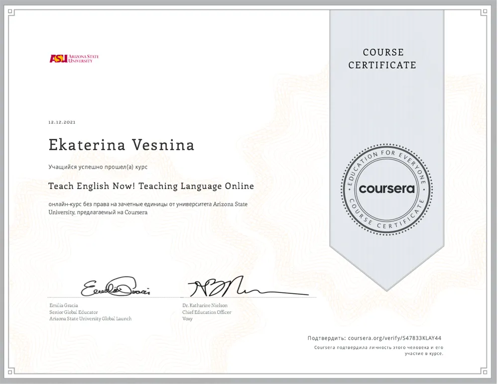 Teach English Now! Teaching ESL Online course of the Arizona State University 