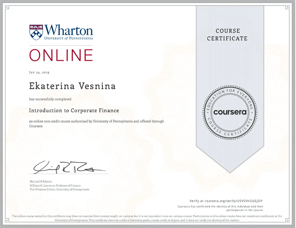 Сертификат о прохождении курса "Corporate Finance", Wharton University