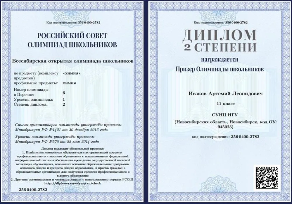 Диплом Всероссийской Открытой Олимпиады Школьников (1 уровень)
