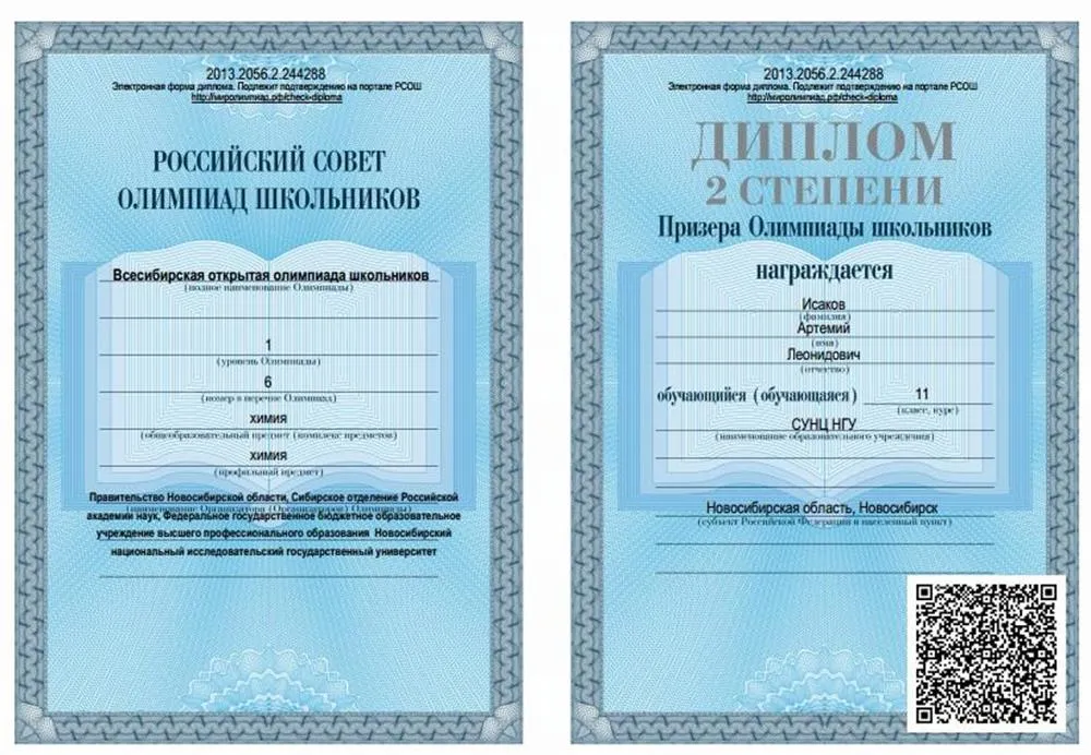 Диплом Всесибирской Открытой Олимпиады Школьников (1 уровень) 2 степень