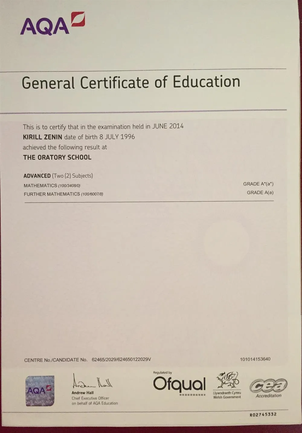 A-level Mathematics certificate