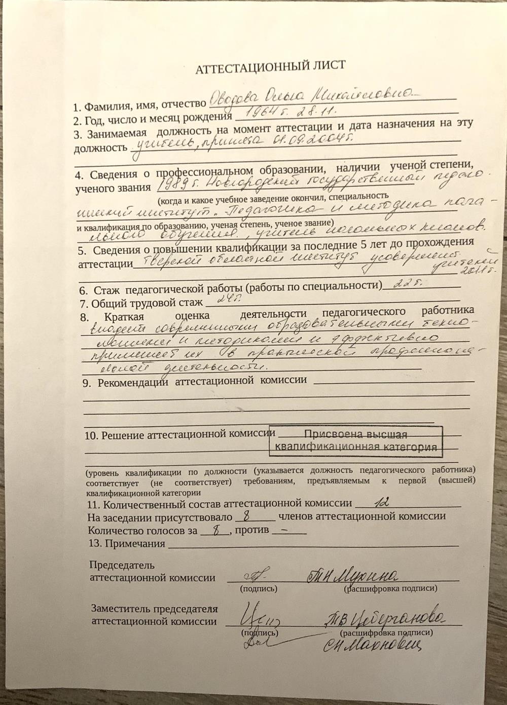 Аттестационный лист