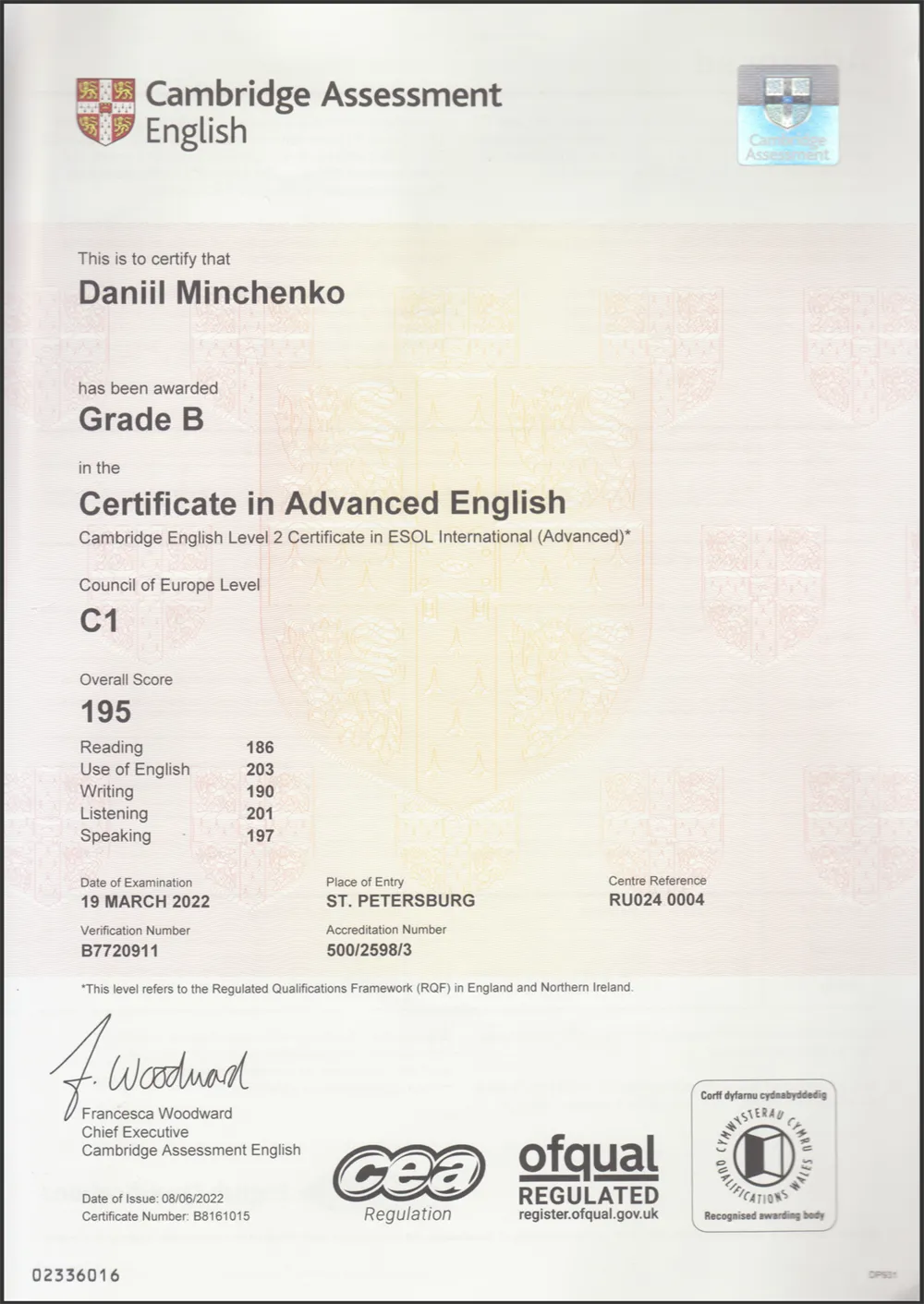 Cambridge CAE certificate 