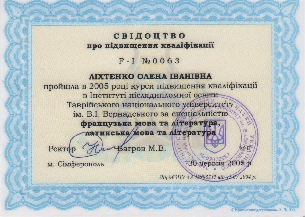 Свидетельство о повышении квалификации