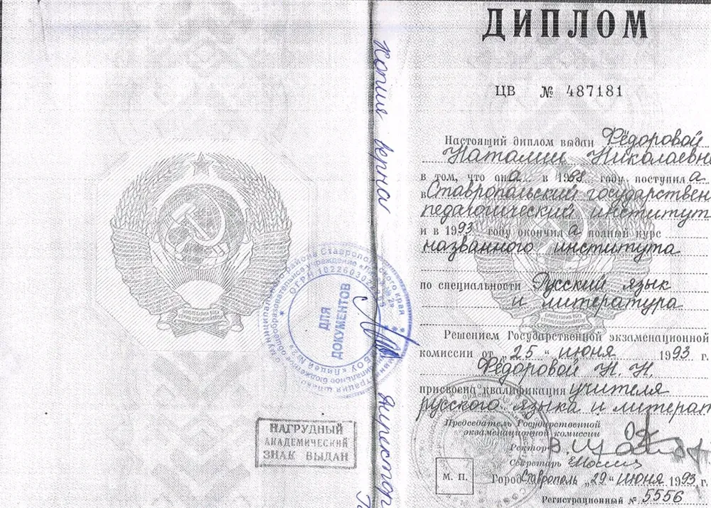 Диплом (специализация  учитель русского языка и литературы)