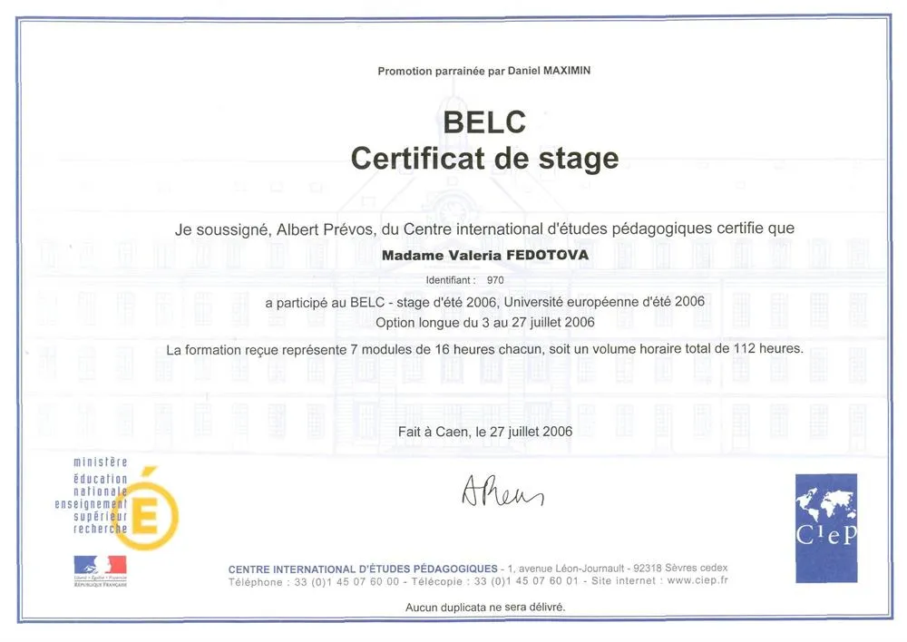 Certificat de stage BELC