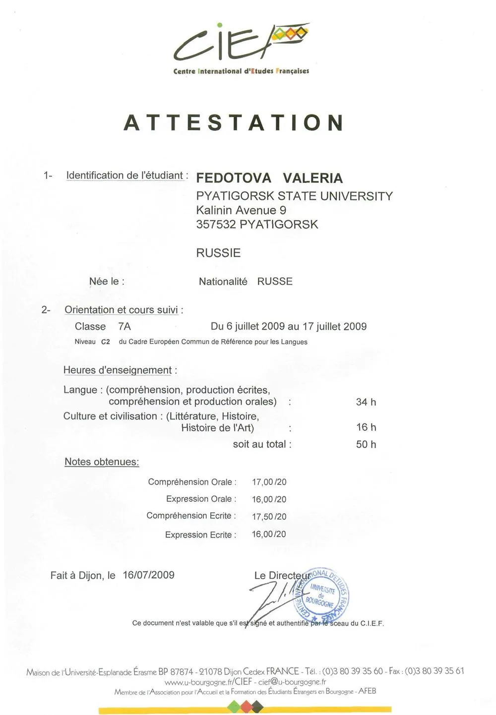 Attestation CIEP