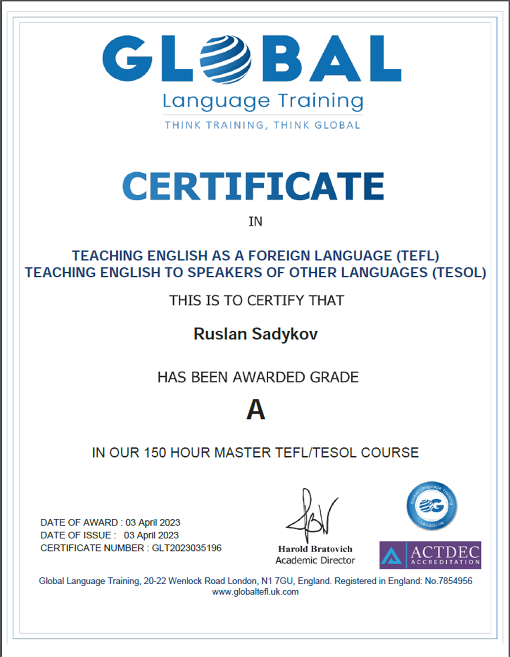 Сертификат TESOL (150 часов) - подтверждение квалификации преподавателя, приравнивающей уровень владения английским к носителю языка.