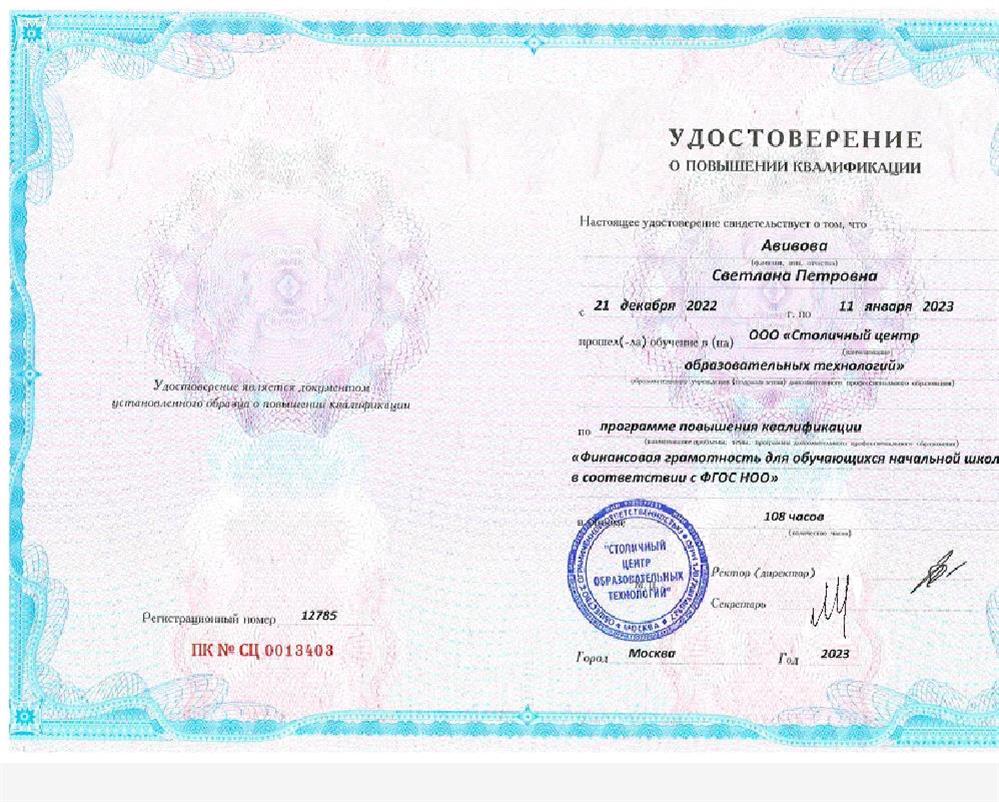 Свидетельство о прохождении курсов по Финансовой грамотности. 