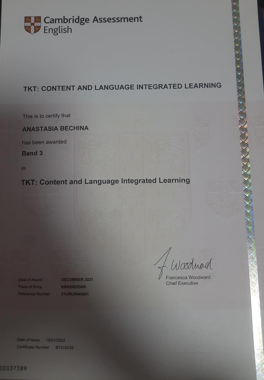 Сертификат. TKT CLIL