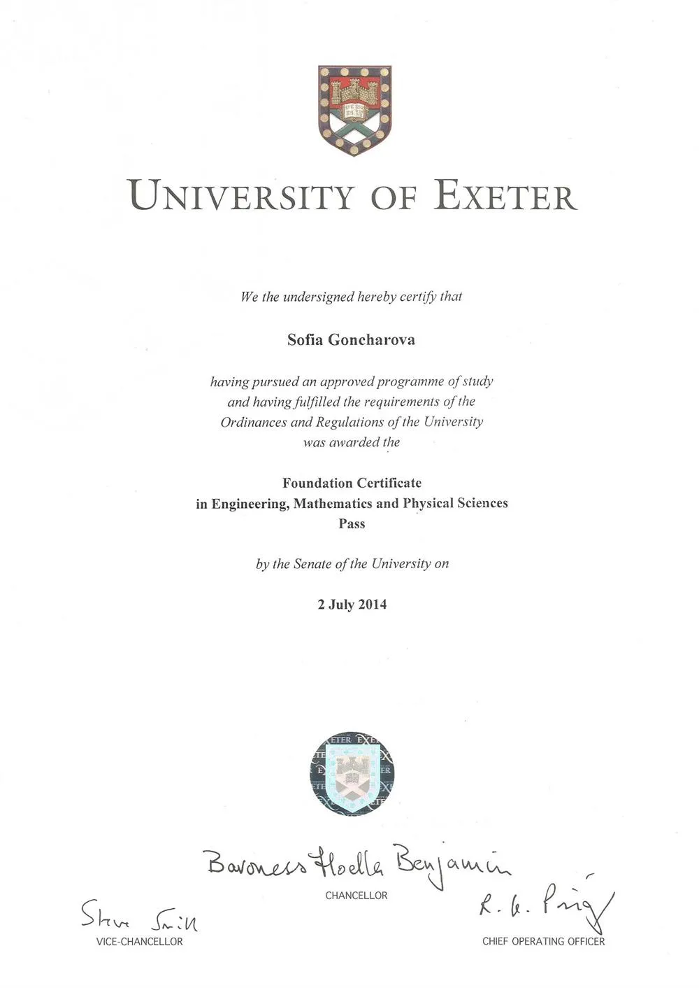 Foundation Certificate in Engineering, Mathematics and Physical Sciences Pass