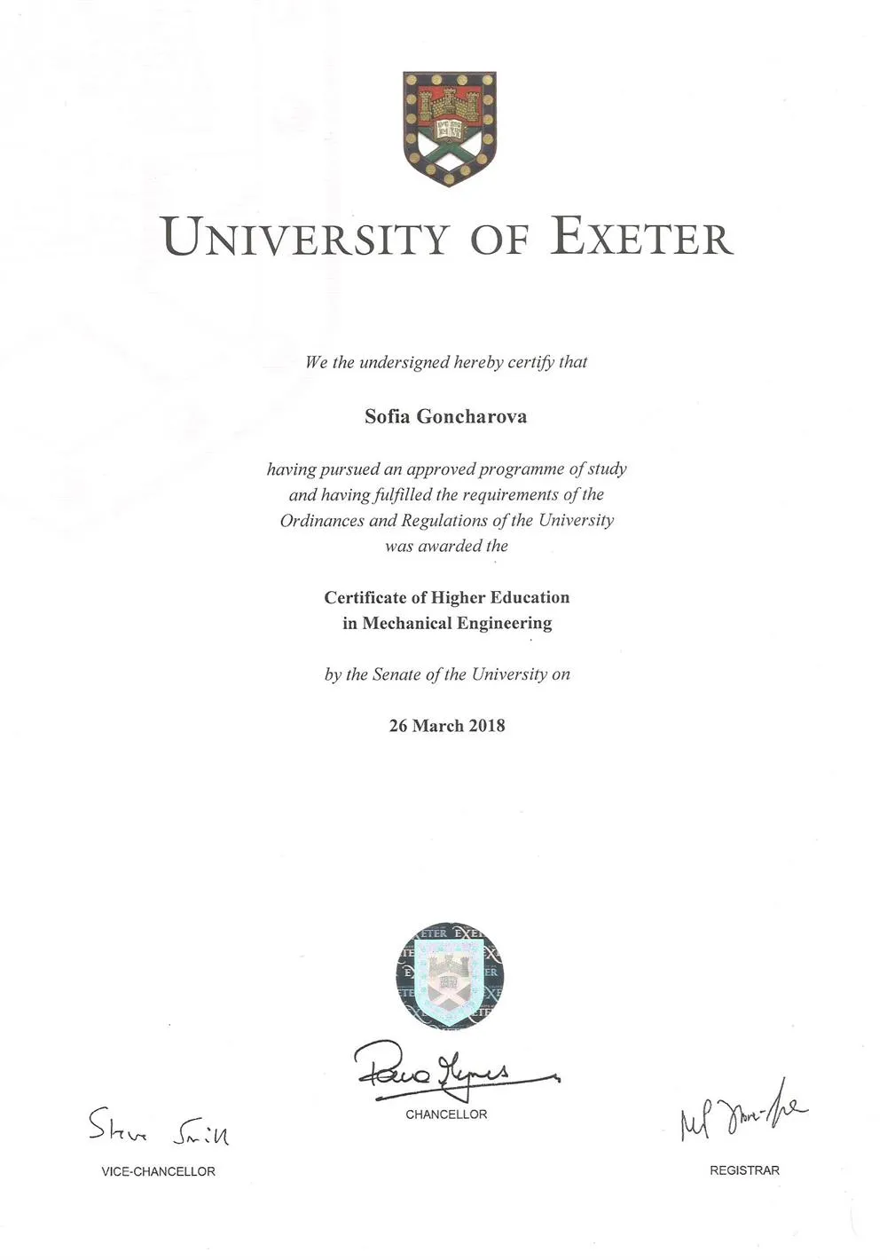 Certificate of Higher Education in Mechanical Engineering