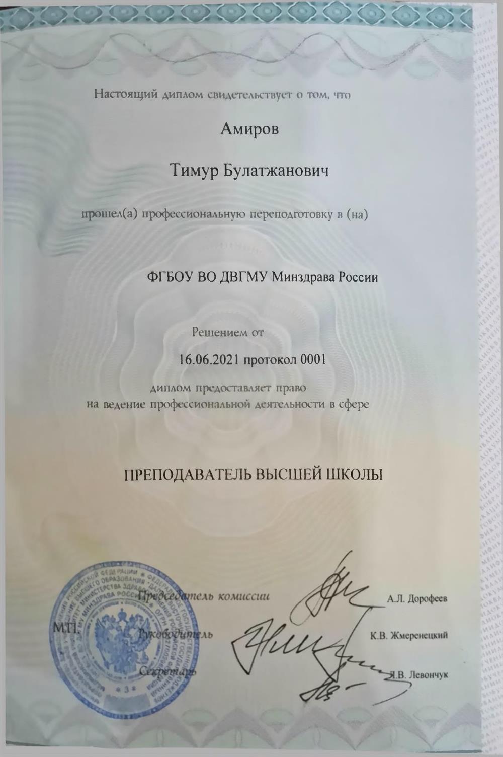 Диплом о профессиональном переподготовке (дополнительное к высшему образование) - преподаватель высшей школы