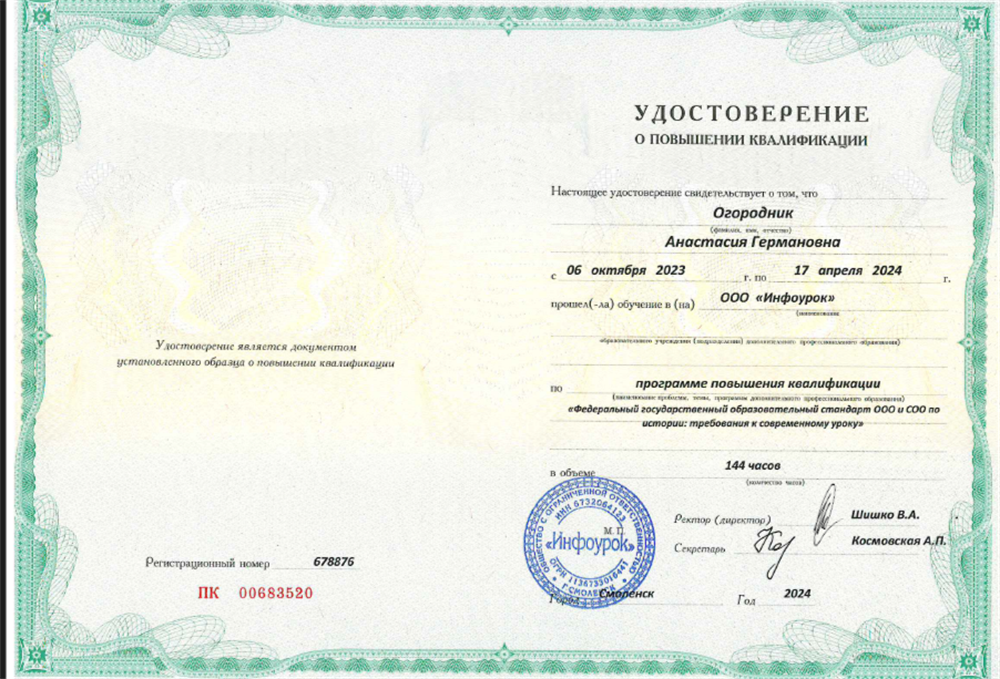 Удостоверение о повышении квалификации