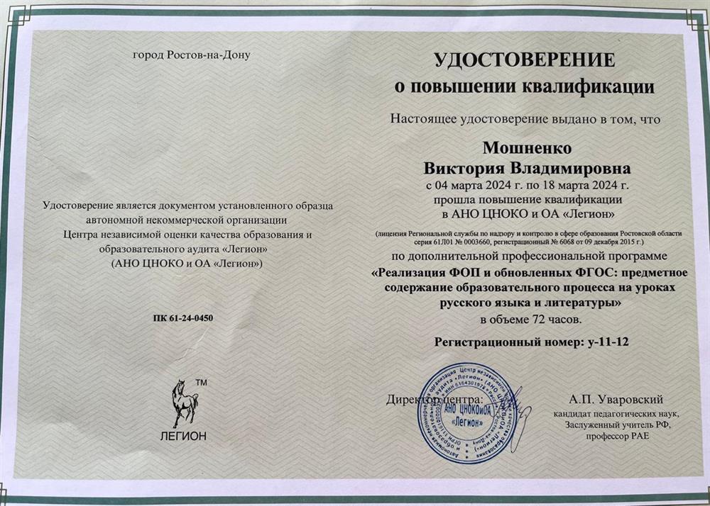 Удостоверение о повышении квалификации