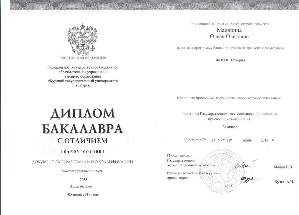 Диплом бакалавра с отличием. Направление подготовки 46.03.01 История
