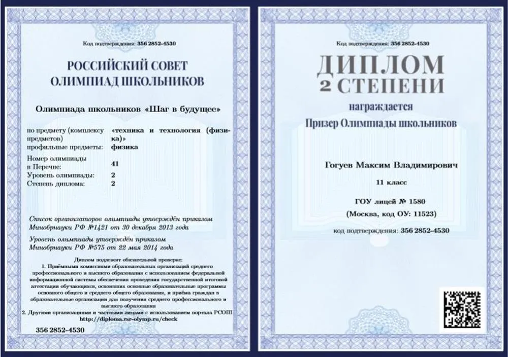 Диплом призера по физике