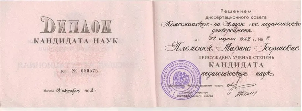 Диплом кандидата педагогических наук