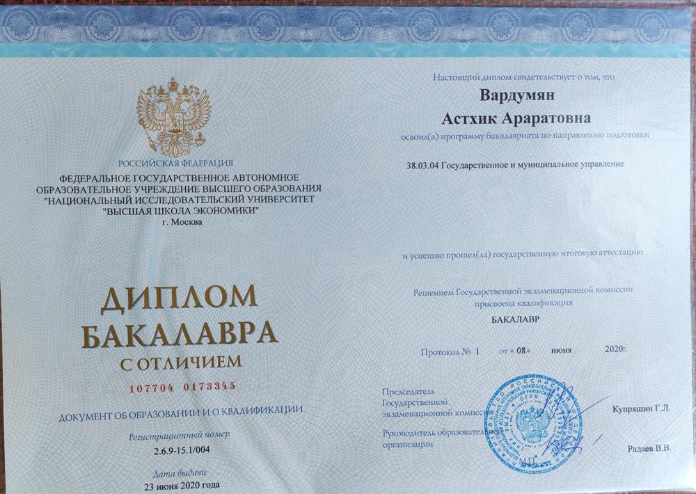 Диплом Бакалавриата Высшей Школы Экономики