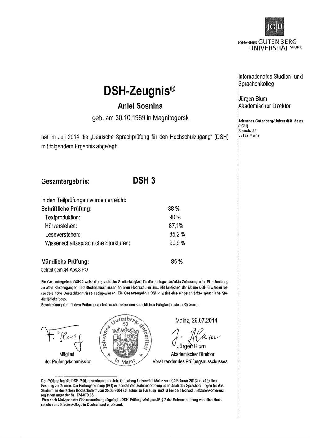 DSH3-Zeugnis