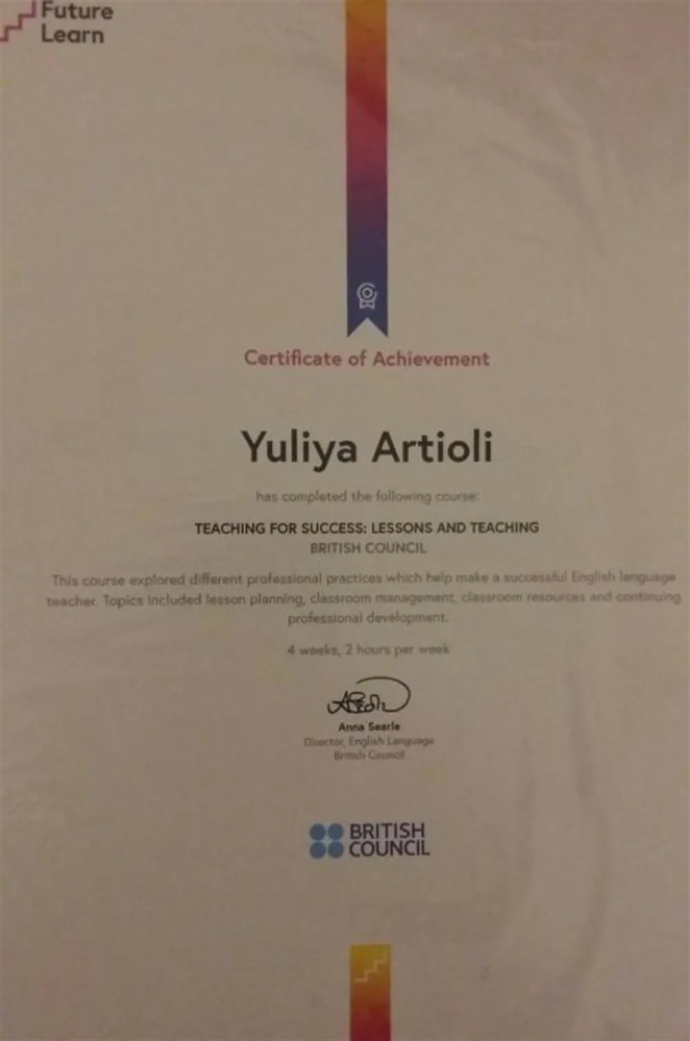 British Council Certificate of Achievement 