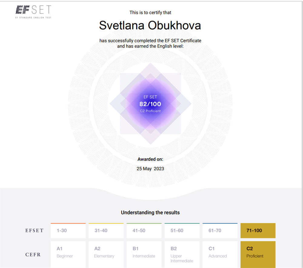 Сертификат об уровне владения английским языком (С2 - профессиональный)