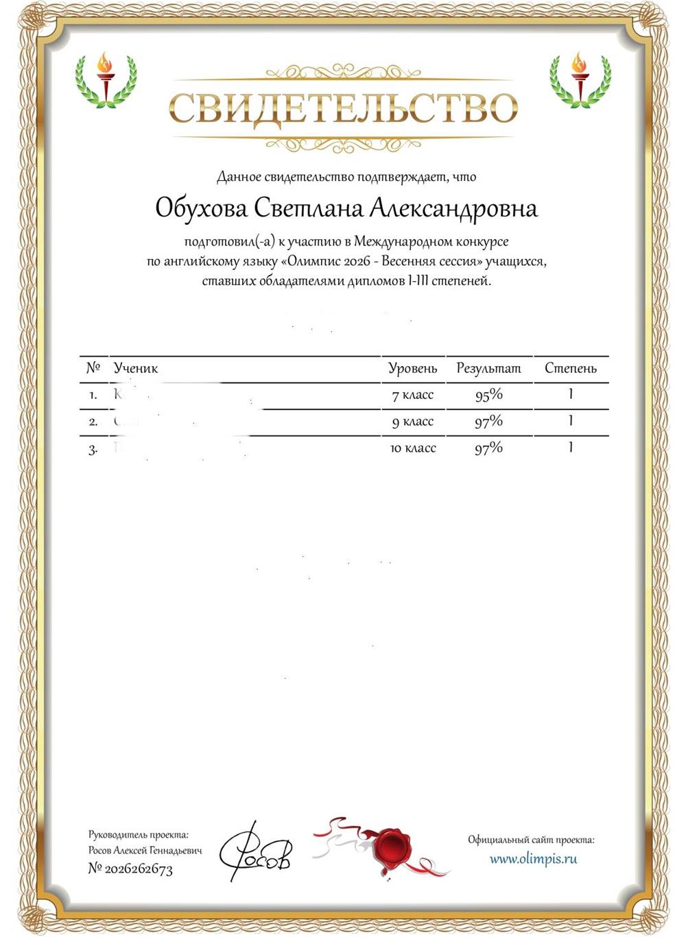 Свидетельство о подготовке учеников к международному конкурсу по английскому языку 