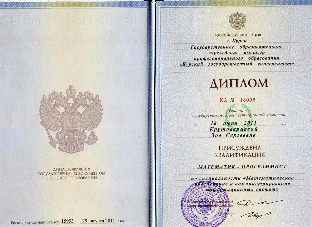 Диплом об образовании (квалификация: математик-программист)