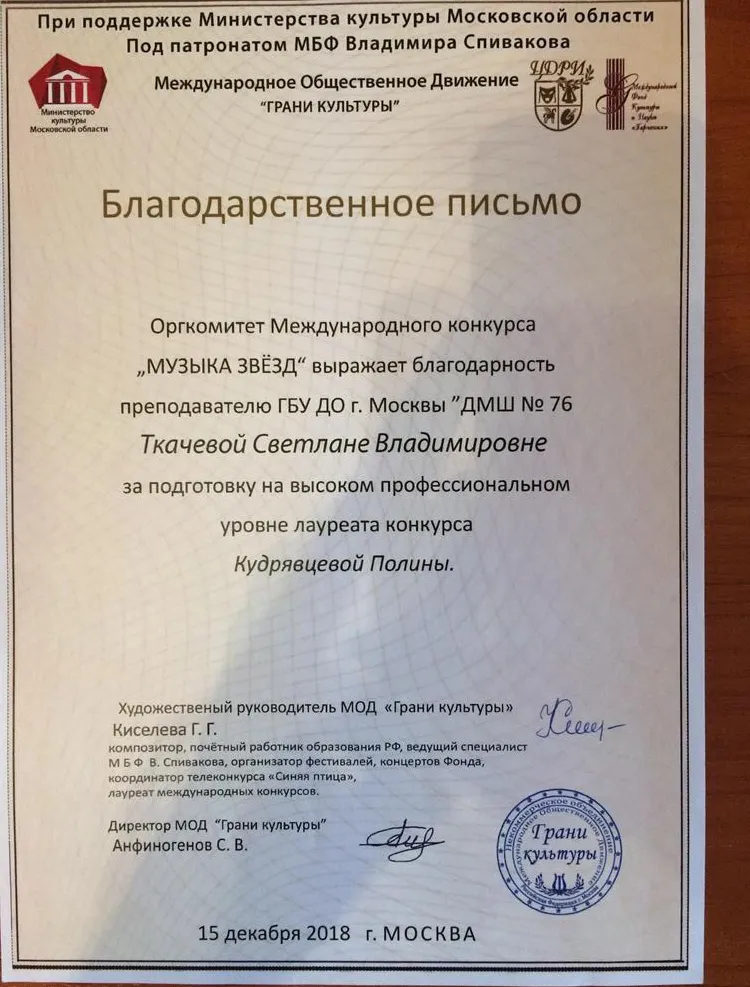 Благодарственное письмо Международный конкурс  "Музыка звезд" 2018 г.