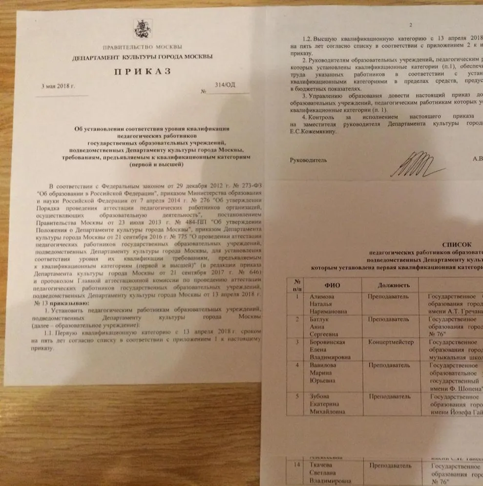 Приказ Департамента культуры города Москвы о соответствии уровня 1 квалификационной категории от 3 мая 2018 года.
