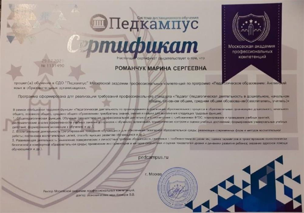 Сертификат профильной переподготовки 