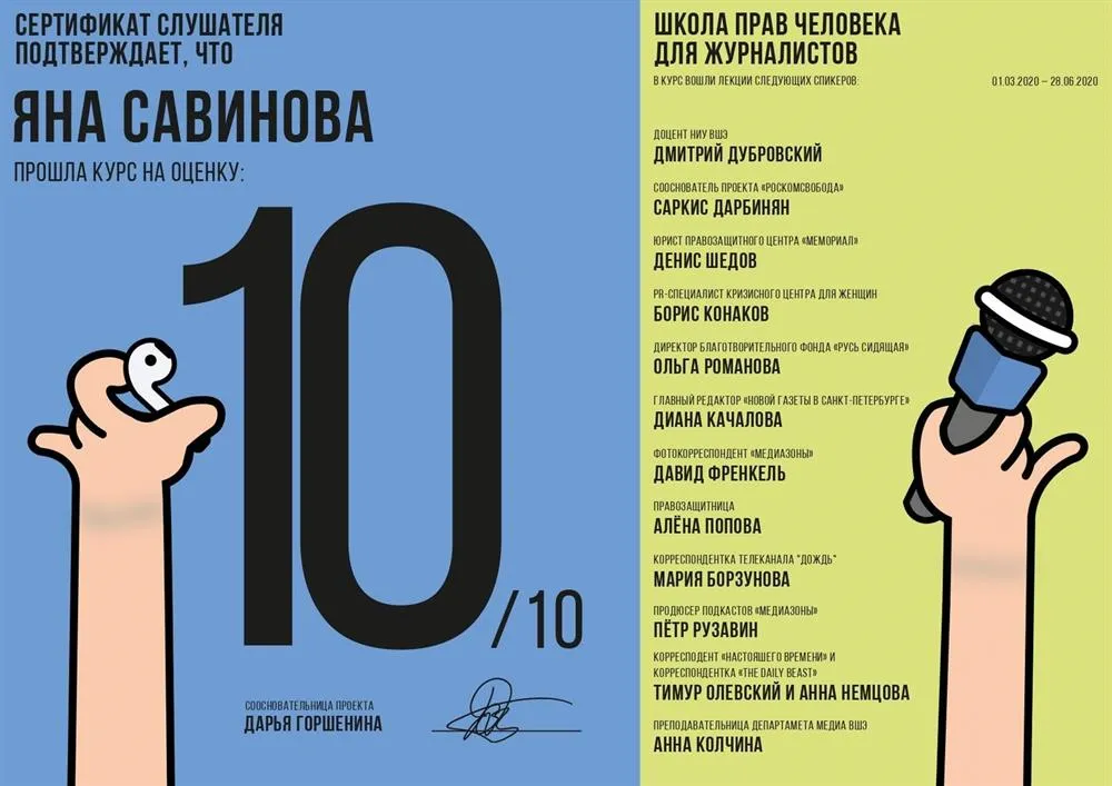 Сертификат слушателя курса "Школы прав человека для журналиста"