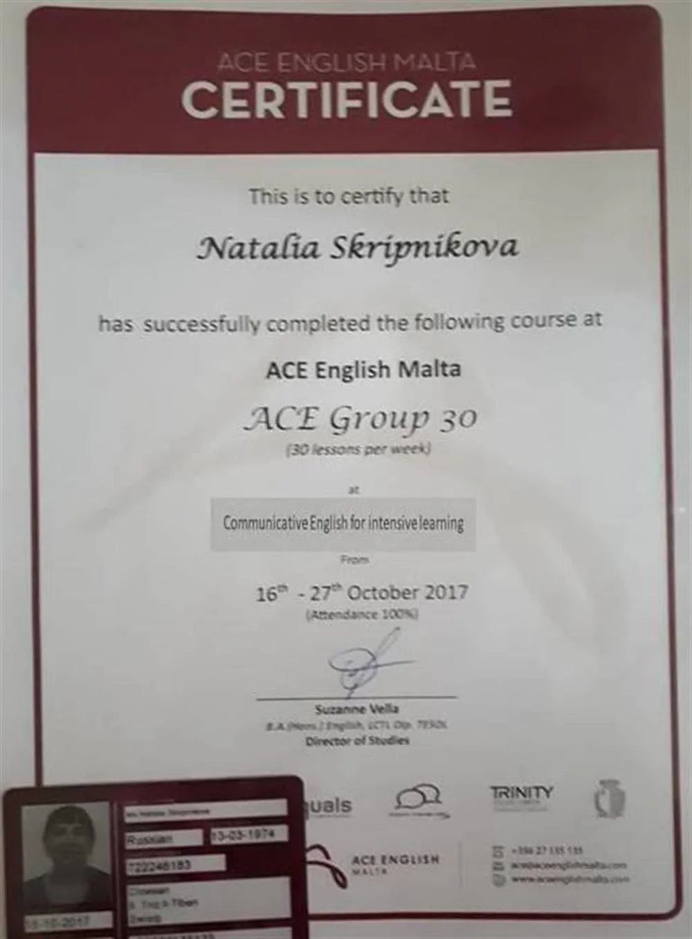 Сертификат ACE English Malta