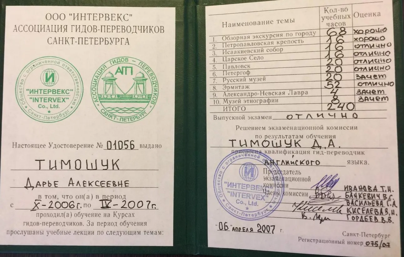 Удостоверение «Ассоциация гидов-переводчиков», 2007