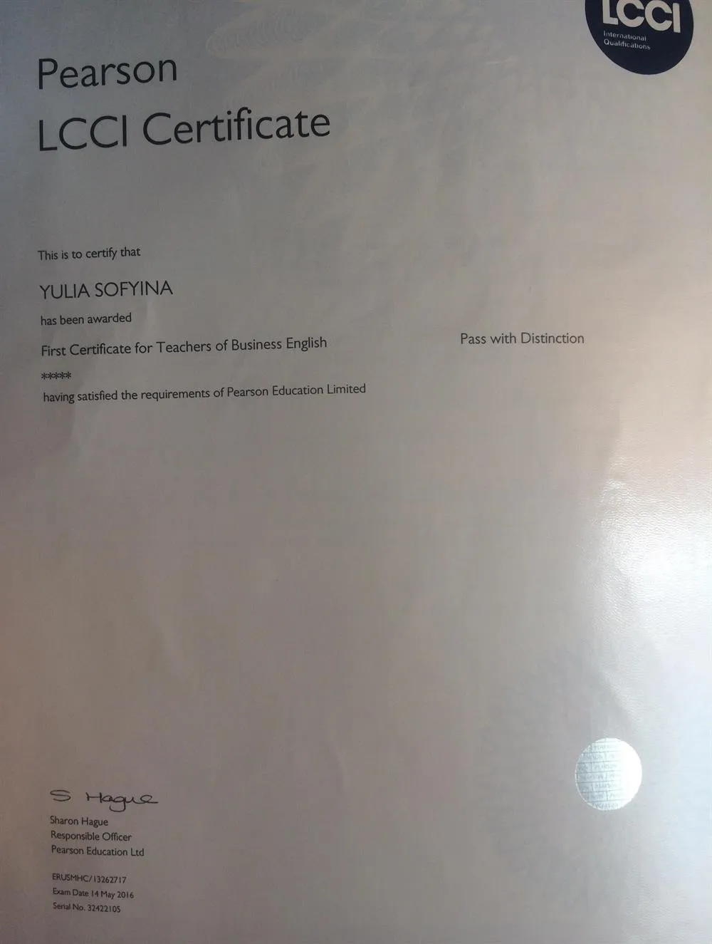 LCCI certificate, 2016
