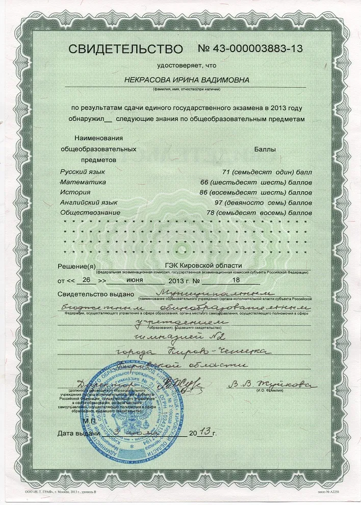 Свидетельство ЕГЭ