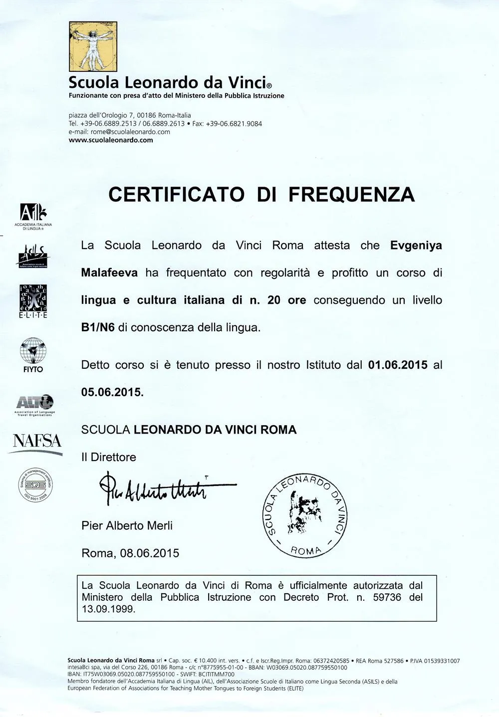 Certificato di frequenza la Scuola Leonardo da Vinci Roma