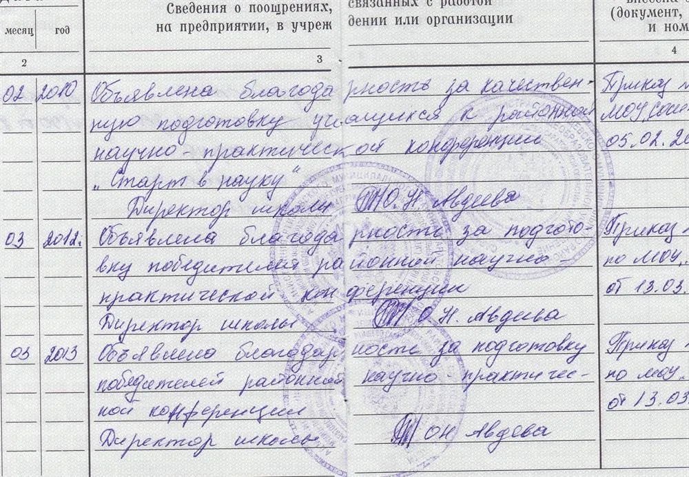 Выписки из Трудовой книжки о поощрениях
