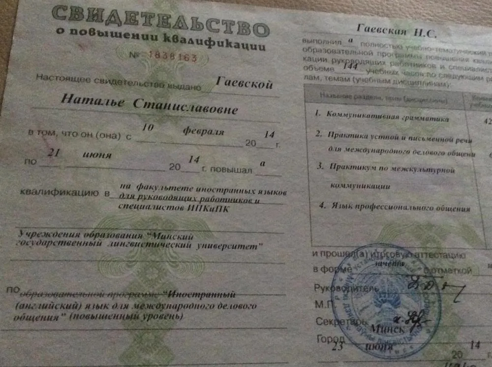 Свидетельство о повышении квалификации
