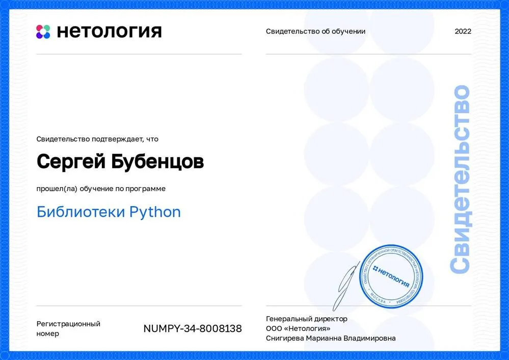 Свидетельство о прохождении программы "Библиотеки Python"