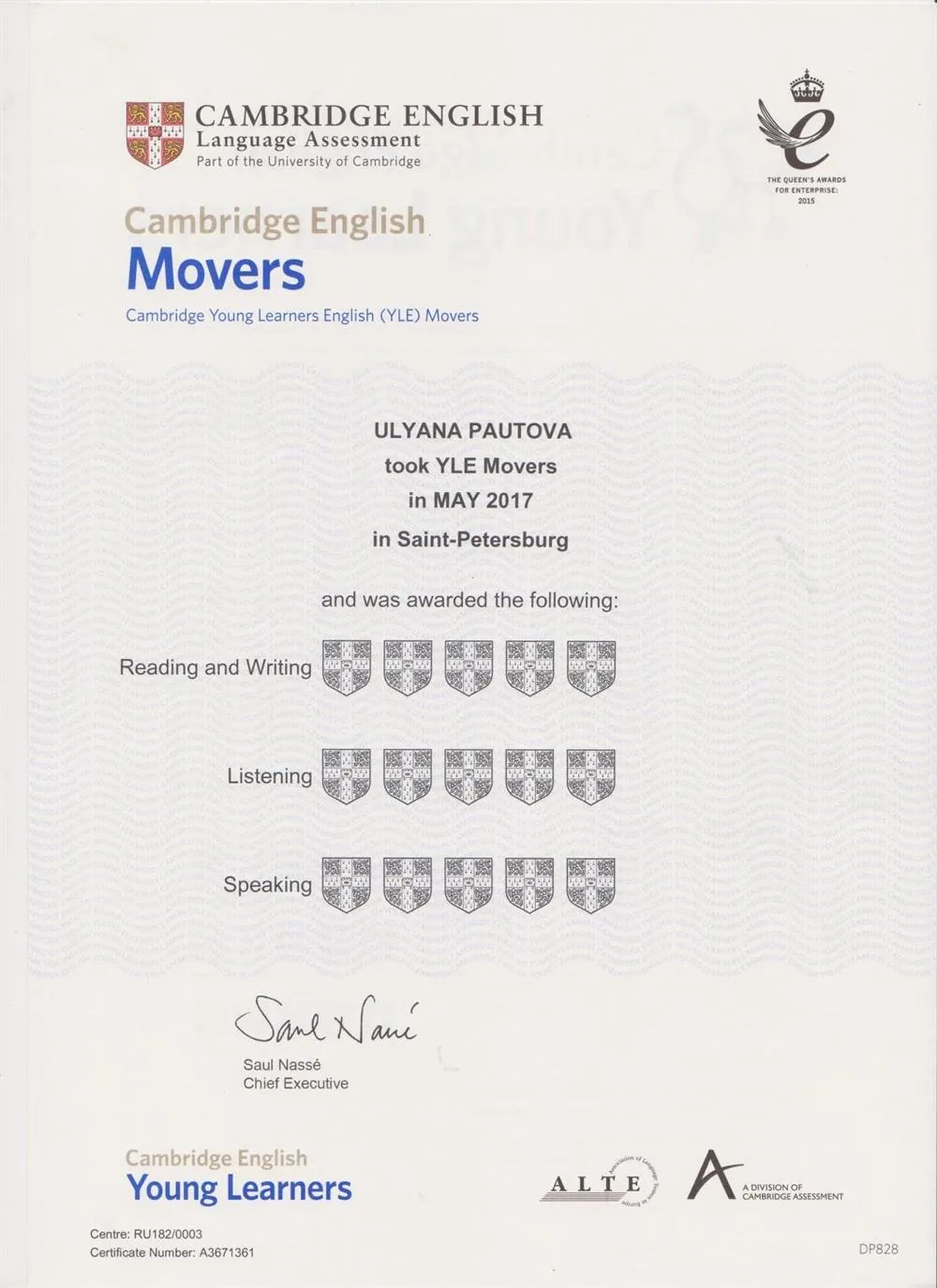 Результаты Cambridge  YLE MOVERS Паутова Ульяна 10 лет  Elementary 15 баллов из 15 ти твердая 5 