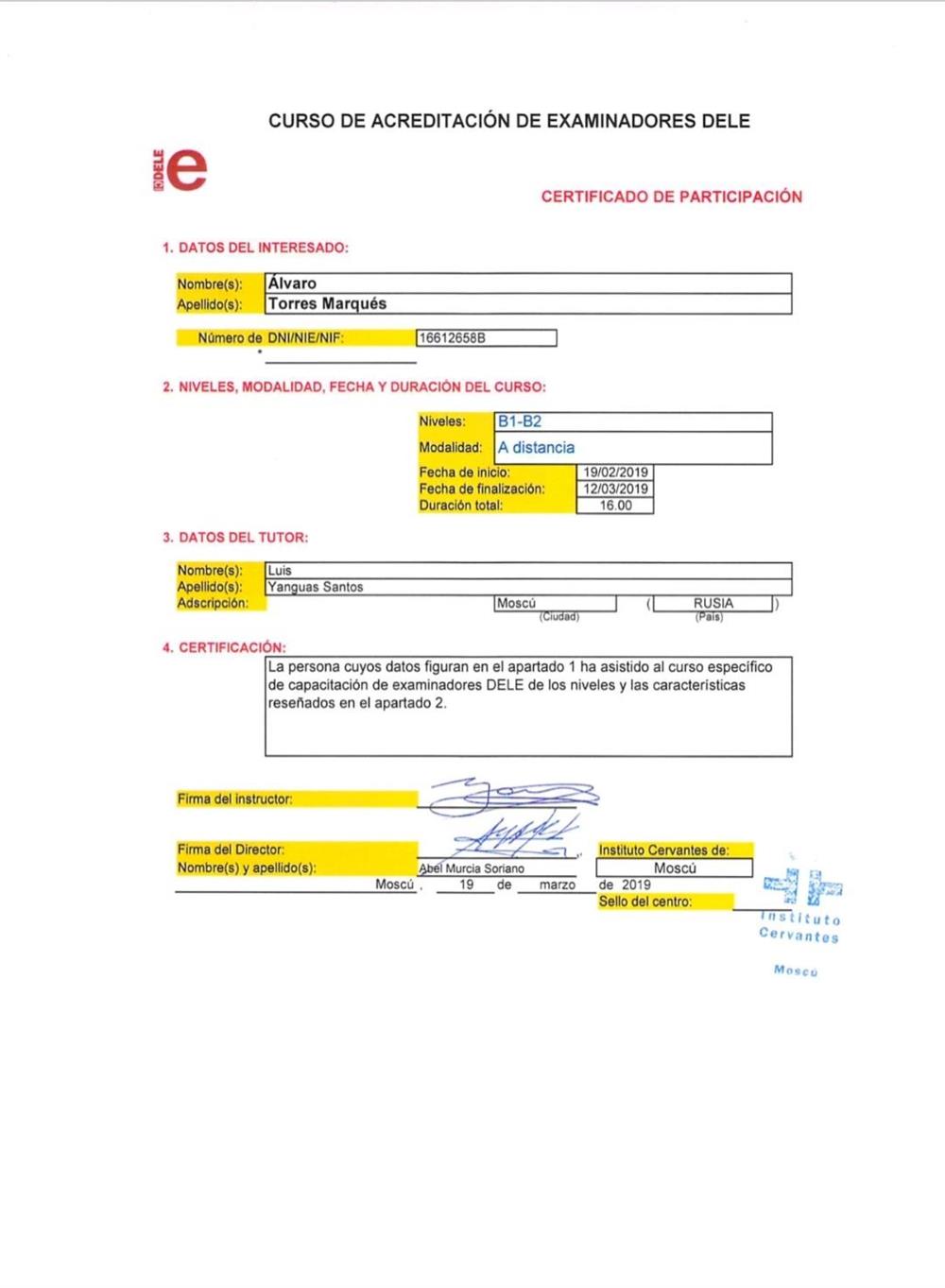 Сертификат об аккредитации преподавателя как экзаменатора DELE по уровню B1  и B2