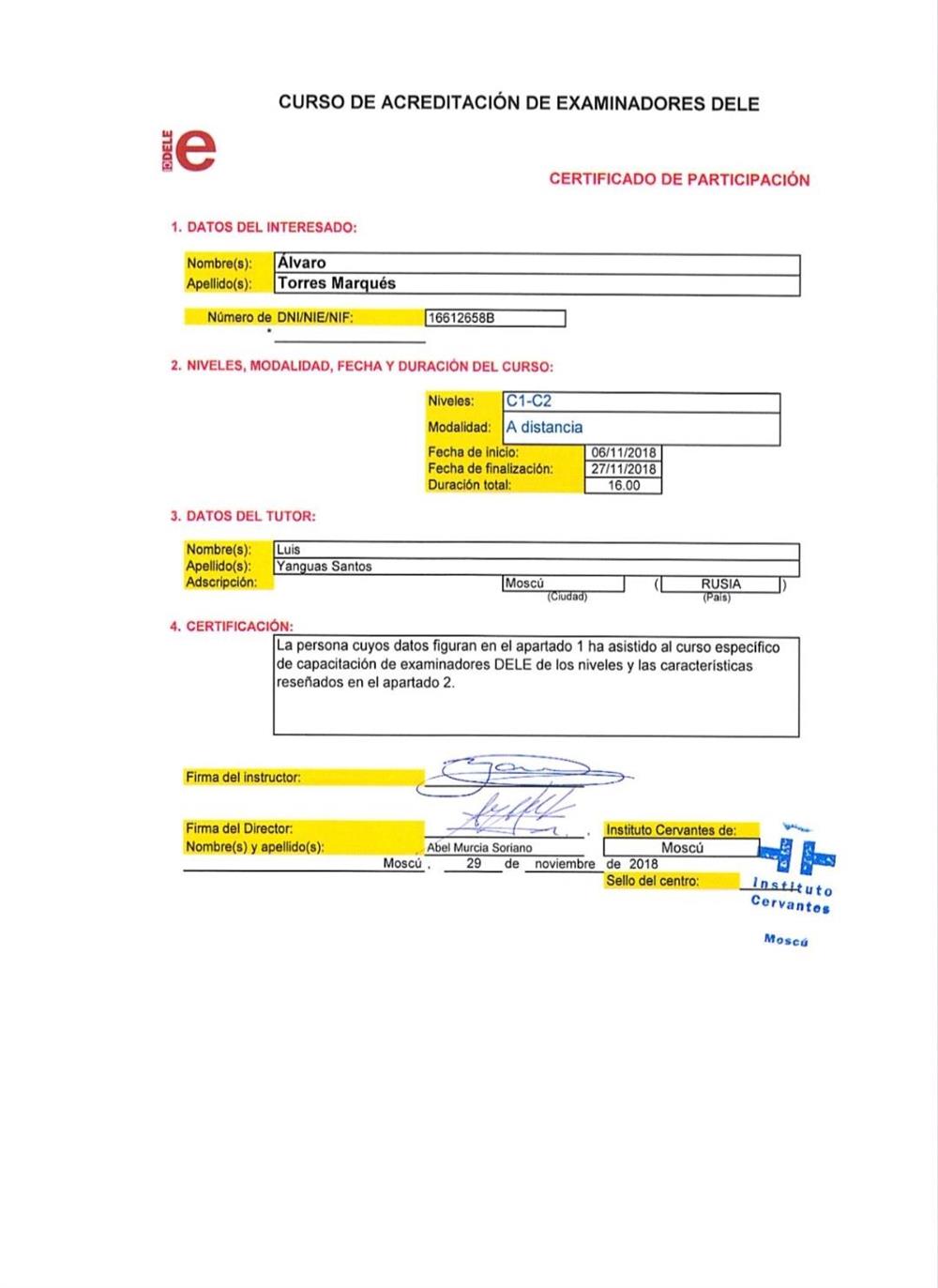 Сертификат об аккредитации как преподавателеля испанского языка по уровню DELE C1 и C 2